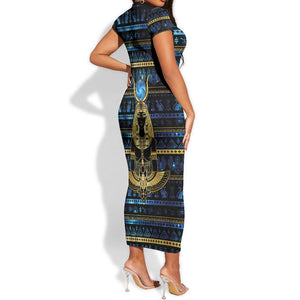Egyptian Goddess Hathor Short Sleeve Bodycon Dress Galaxy Ancient Mythology Sun Disk Cow Horn