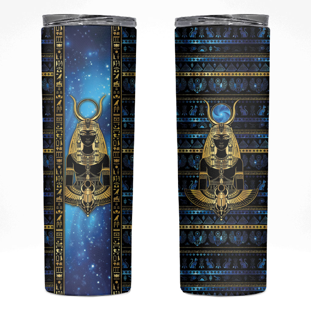 Egyptian Goddess Hathor Skinny Tumbler Galaxy Ancient Mythology Sun Disk Cow Horn