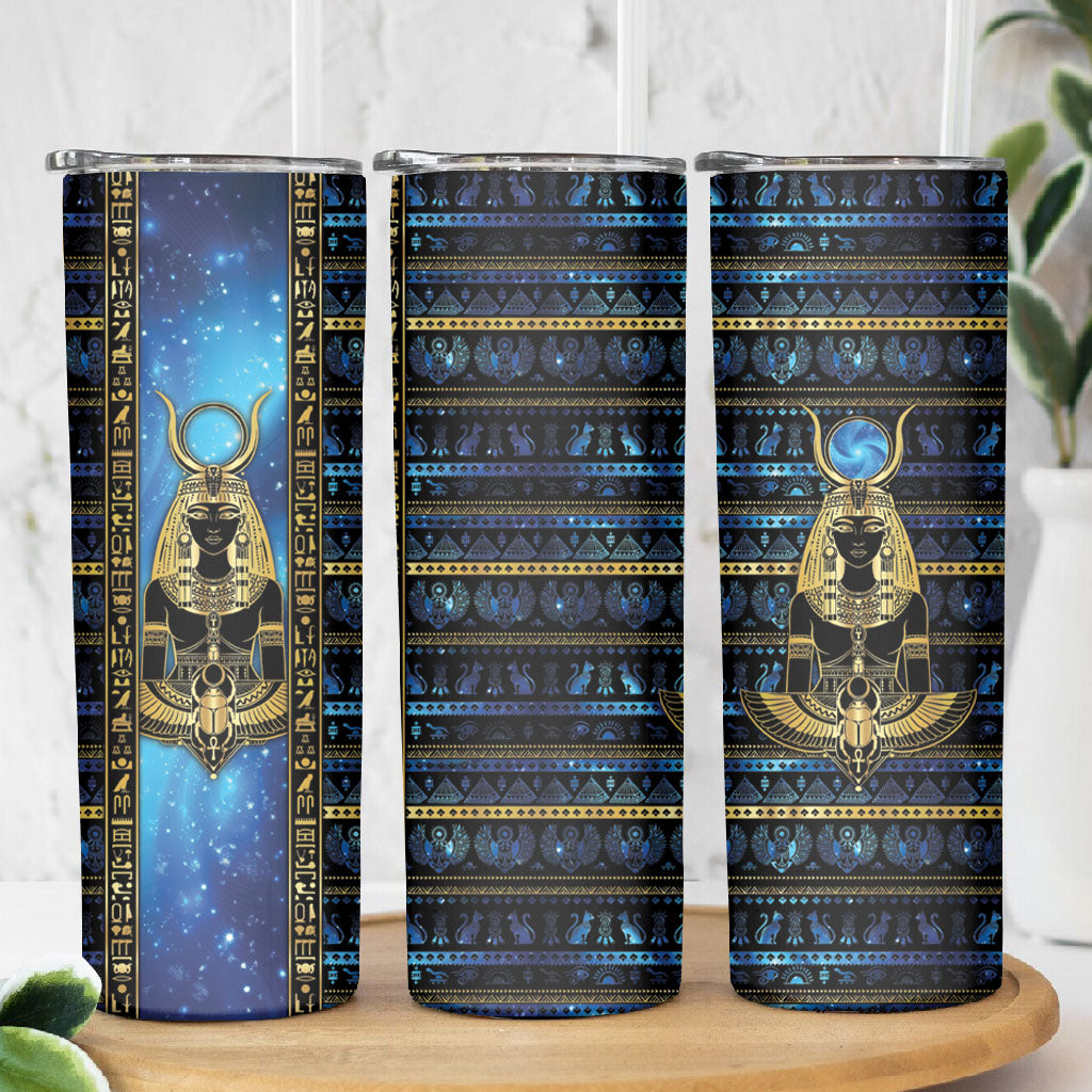 Egyptian Goddess Hathor Skinny Tumbler Galaxy Ancient Mythology Sun Disk Cow Horn