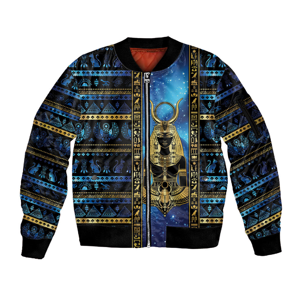 Egyptian Goddess Hathor Sleeve Zip Bomber Jacket Galaxy Ancient Mythology Sun Disk Cow Horn