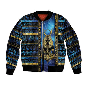 Egyptian Goddess Hathor Sleeve Zip Bomber Jacket Galaxy Ancient Mythology Sun Disk Cow Horn
