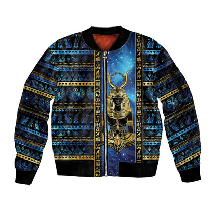 Egyptian Goddess Hathor Sleeve Zip Bomber Jacket Galaxy Ancient Mythology Sun Disk Cow Horn