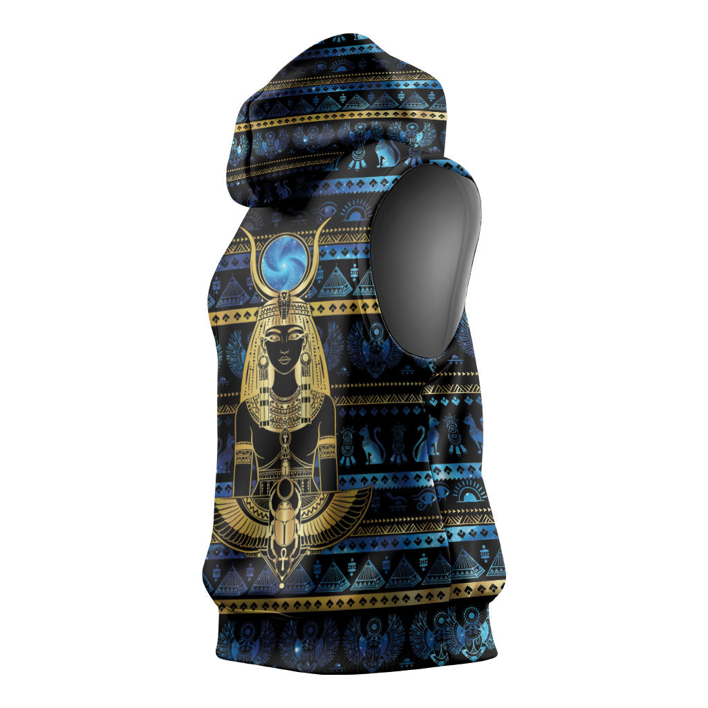 Egyptian Goddess Hathor Sleeveless Hoodie Galaxy Ancient Mythology Sun Disk Cow Horn