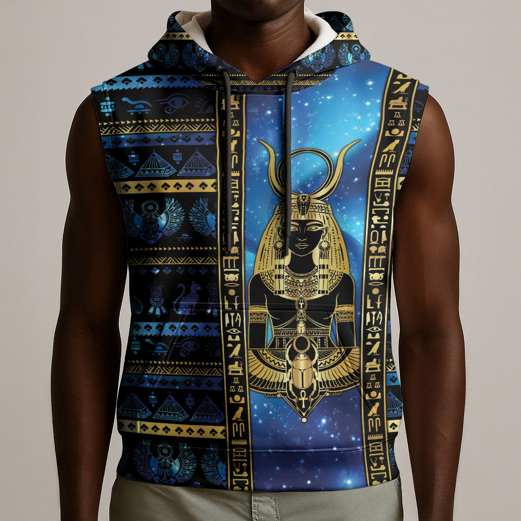 Egyptian Goddess Hathor Sleeveless Hoodie Galaxy Ancient Mythology Sun Disk Cow Horn