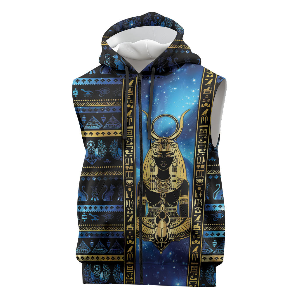 Egyptian Goddess Hathor Sleeveless Zip Hoodie Galaxy Ancient Mythology Sun Disk Cow Horn