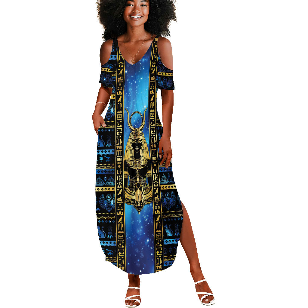 Egyptian Goddess Hathor Summer Maxi Dress Galaxy Ancient Mythology Sun Disk Cow Horn
