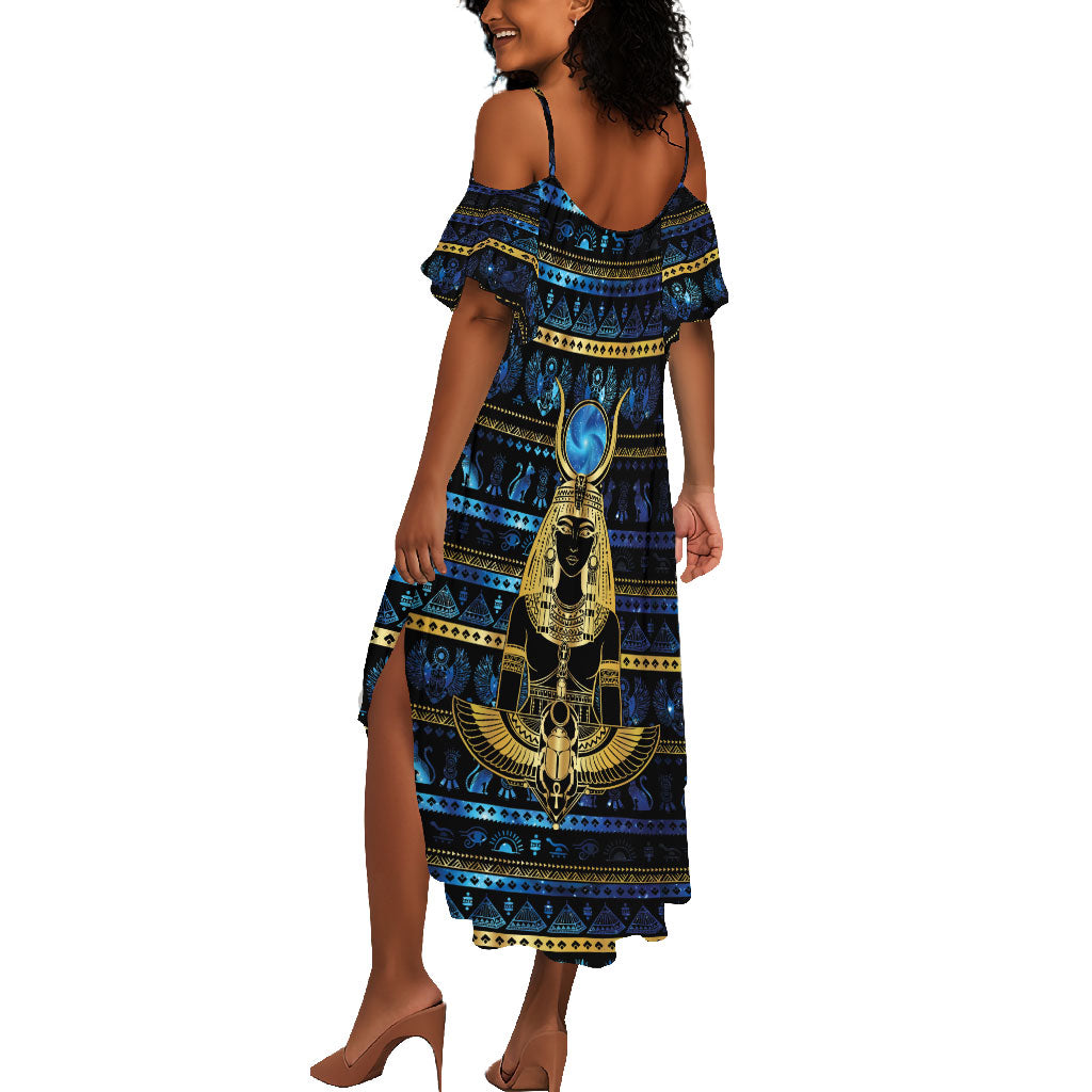 Egyptian Goddess Hathor Summer Maxi Dress Galaxy Ancient Mythology Sun Disk Cow Horn