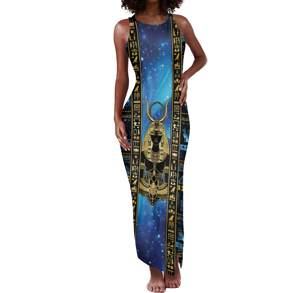 Egyptian Goddess Hathor Tank Maxi Dress Galaxy Ancient Mythology Sun Disk Cow Horn