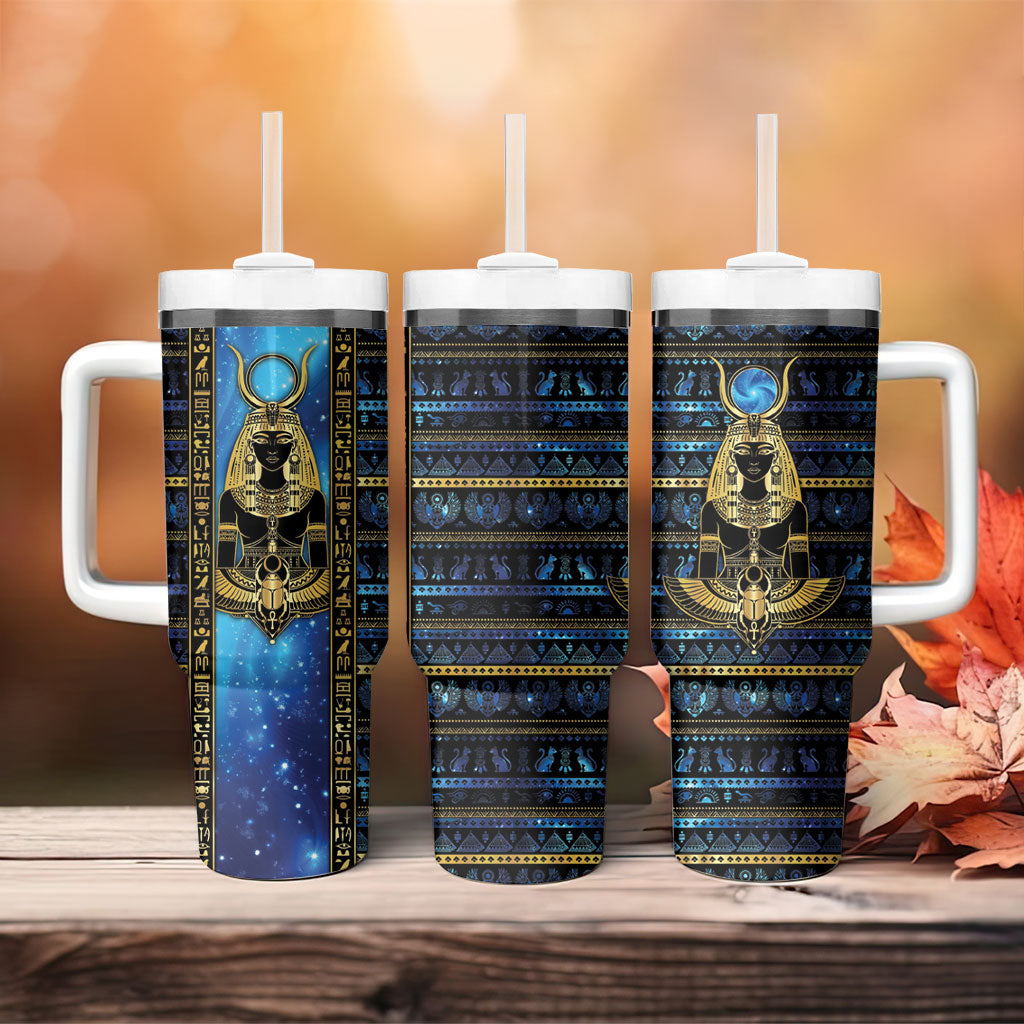 Egyptian Goddess Hathor Tumbler With Handle Galaxy Ancient Mythology Sun Disk Cow Horn