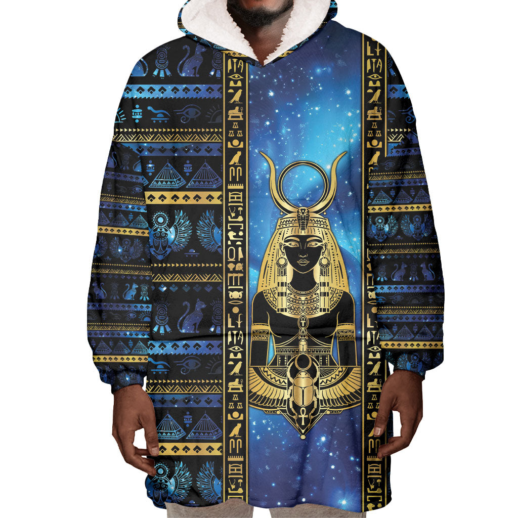 Egyptian Goddess Hathor Wearable Blanket Hoodie Galaxy Ancient Mythology Sun Disk Cow Horn