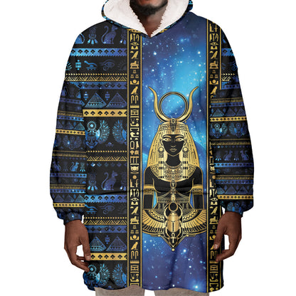 Egyptian Goddess Hathor Wearable Blanket Hoodie Galaxy Ancient Mythology Sun Disk Cow Horn