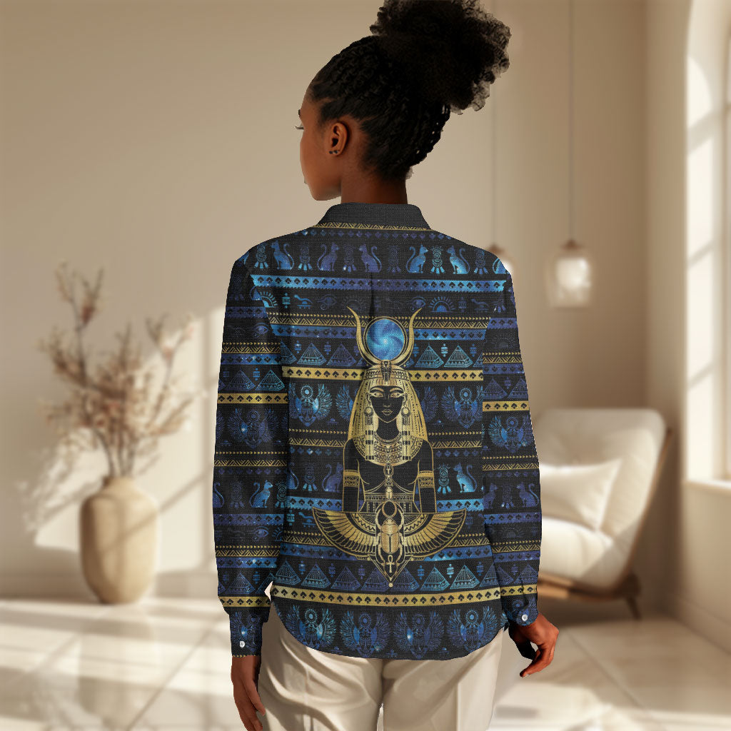 Egyptian Goddess Hathor Women Casual Shirt Galaxy Ancient Mythology Sun Disk Cow Horn