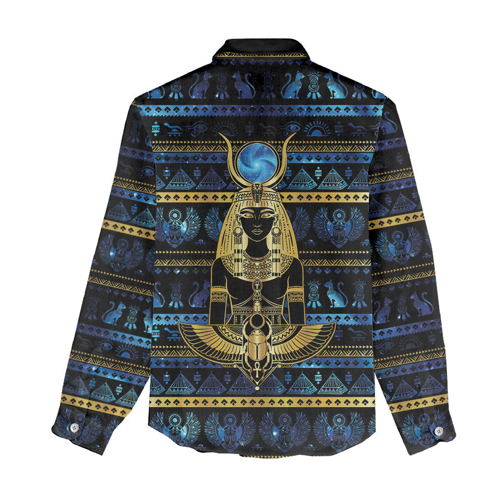 Egyptian Goddess Hathor Women Casual Shirt Galaxy Ancient Mythology Sun Disk Cow Horn