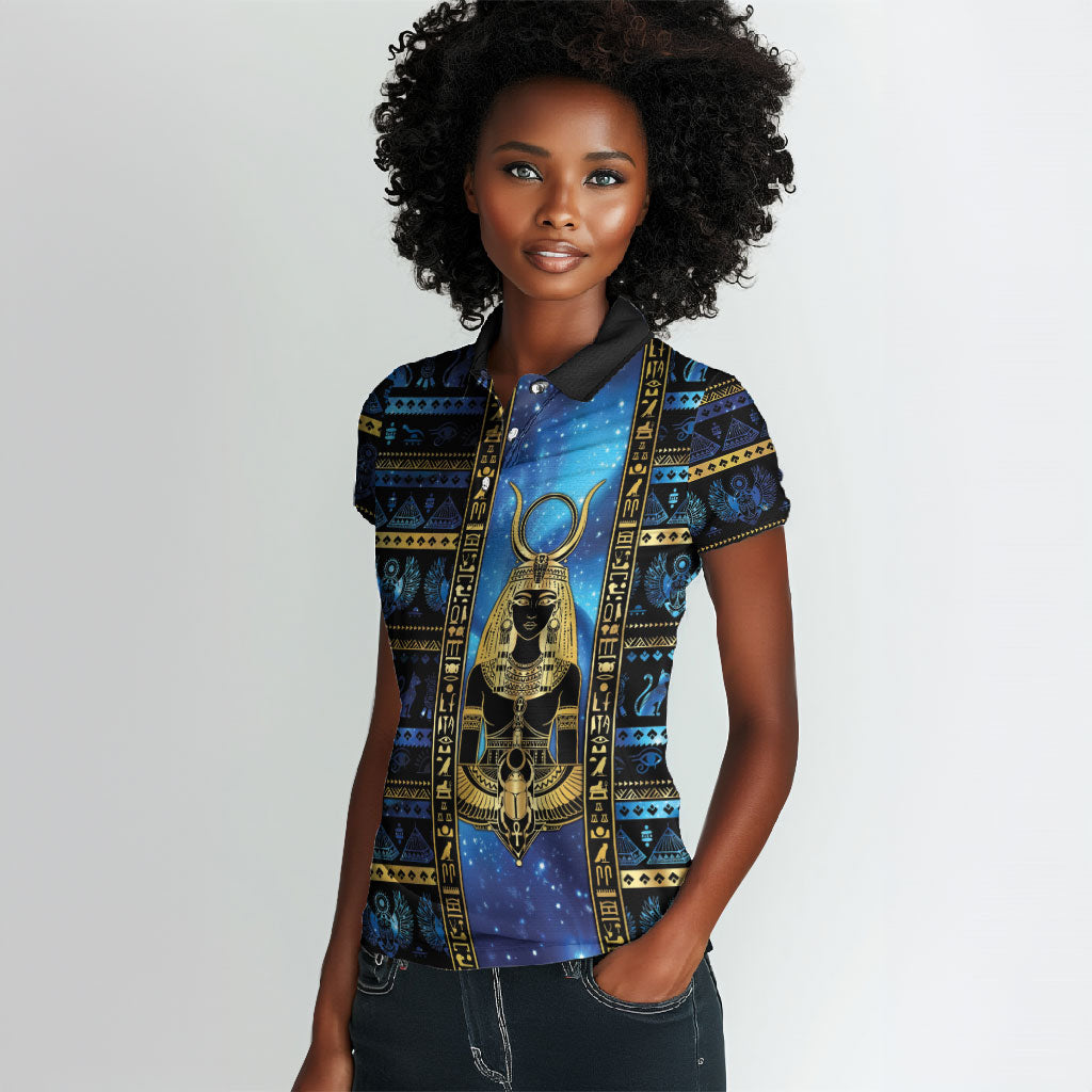 Egyptian Goddess Hathor Women Polo Shirt Galaxy Ancient Mythology Sun Disk Cow Horn