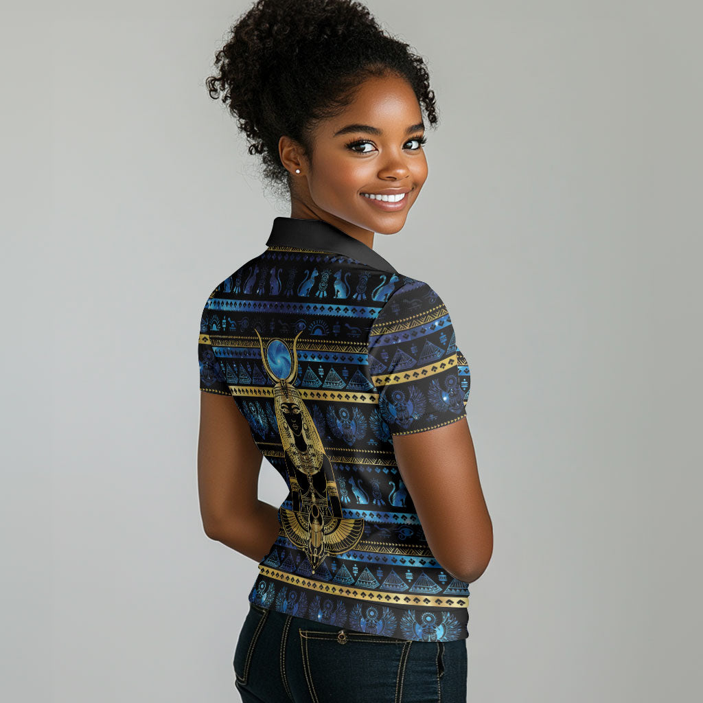 Egyptian Goddess Hathor Women Polo Shirt Galaxy Ancient Mythology Sun Disk Cow Horn
