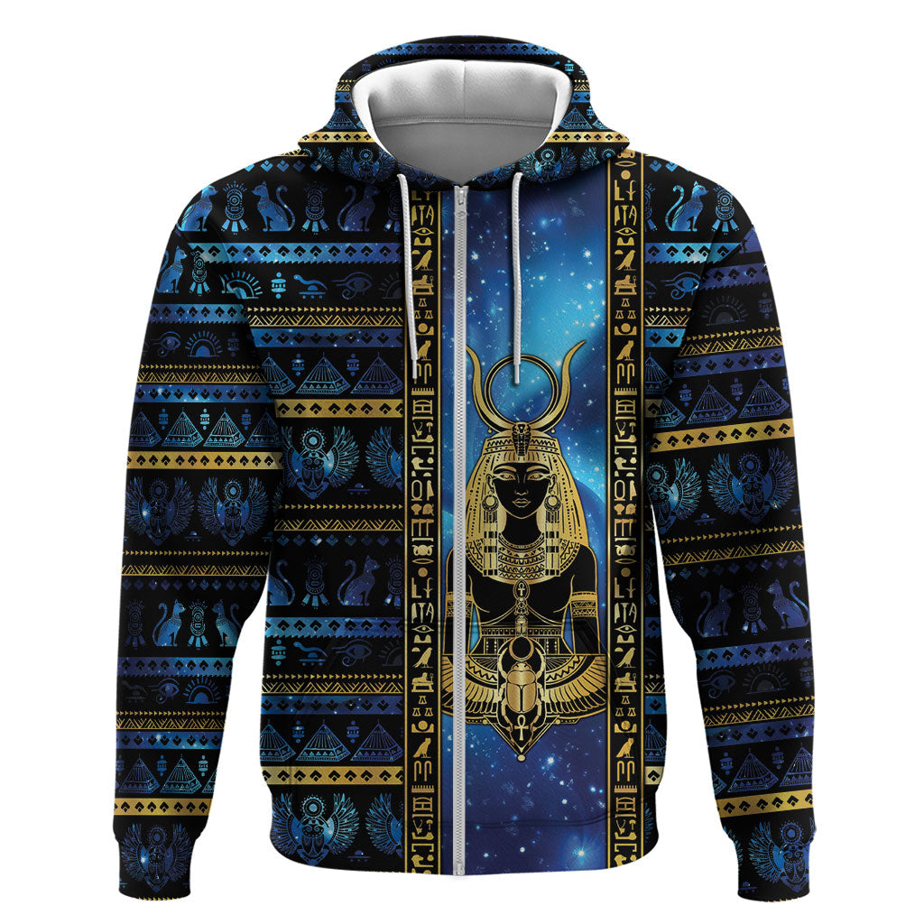 Egyptian Goddess Hathor Zip Hoodie Galaxy Ancient Mythology Sun Disk Cow Horn