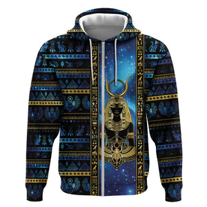 Egyptian Goddess Hathor Zip Hoodie Galaxy Ancient Mythology Sun Disk Cow Horn
