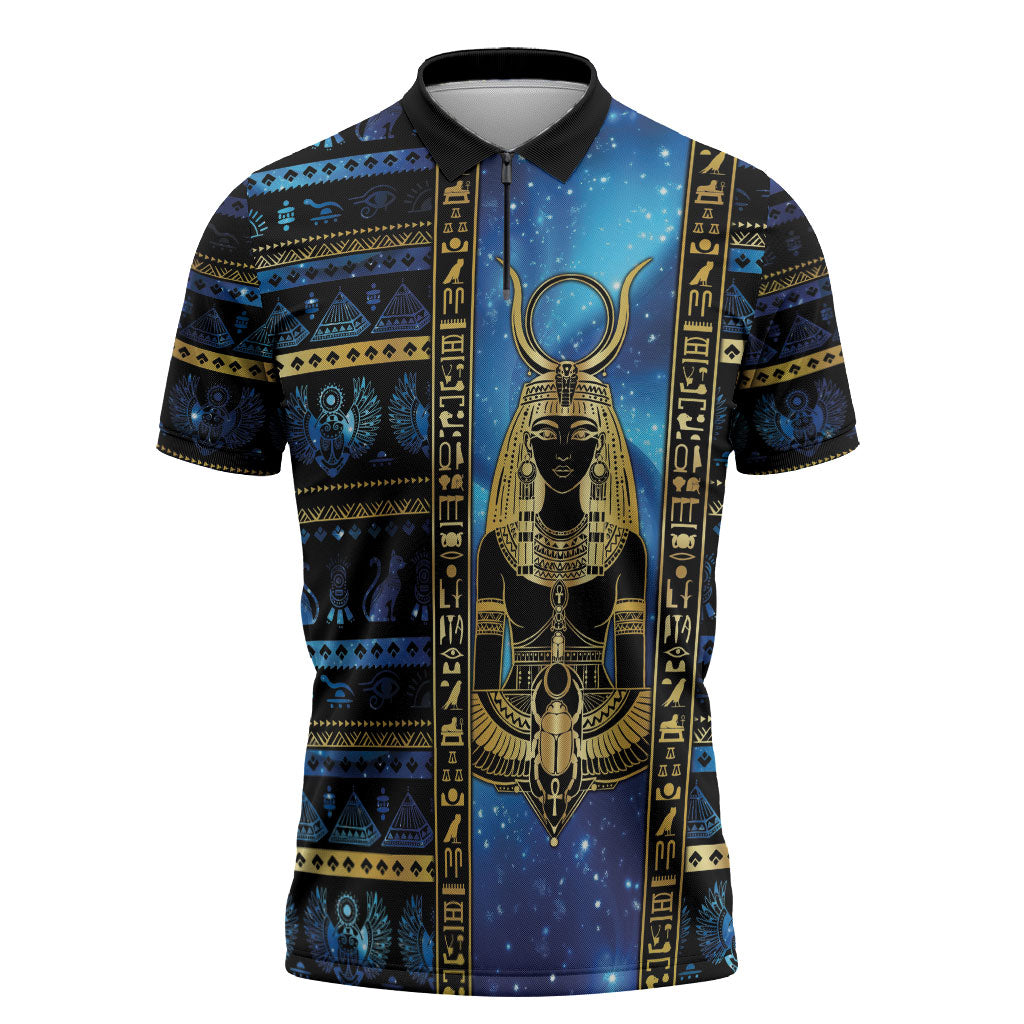 Egyptian Goddess Hathor Zipper Polo Shirt Galaxy Ancient Mythology Sun Disk Cow Horn