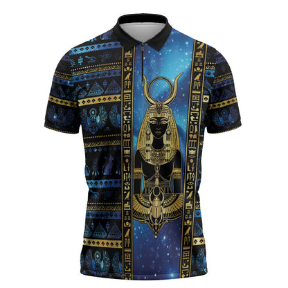 Egyptian Goddess Hathor Zipper Polo Shirt Galaxy Ancient Mythology Sun Disk Cow Horn
