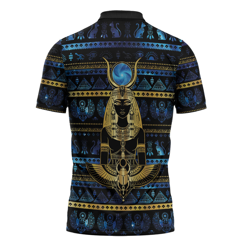 Egyptian Goddess Hathor Zipper Polo Shirt Galaxy Ancient Mythology Sun Disk Cow Horn