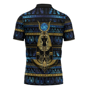 Egyptian Goddess Hathor Zipper Polo Shirt Galaxy Ancient Mythology Sun Disk Cow Horn