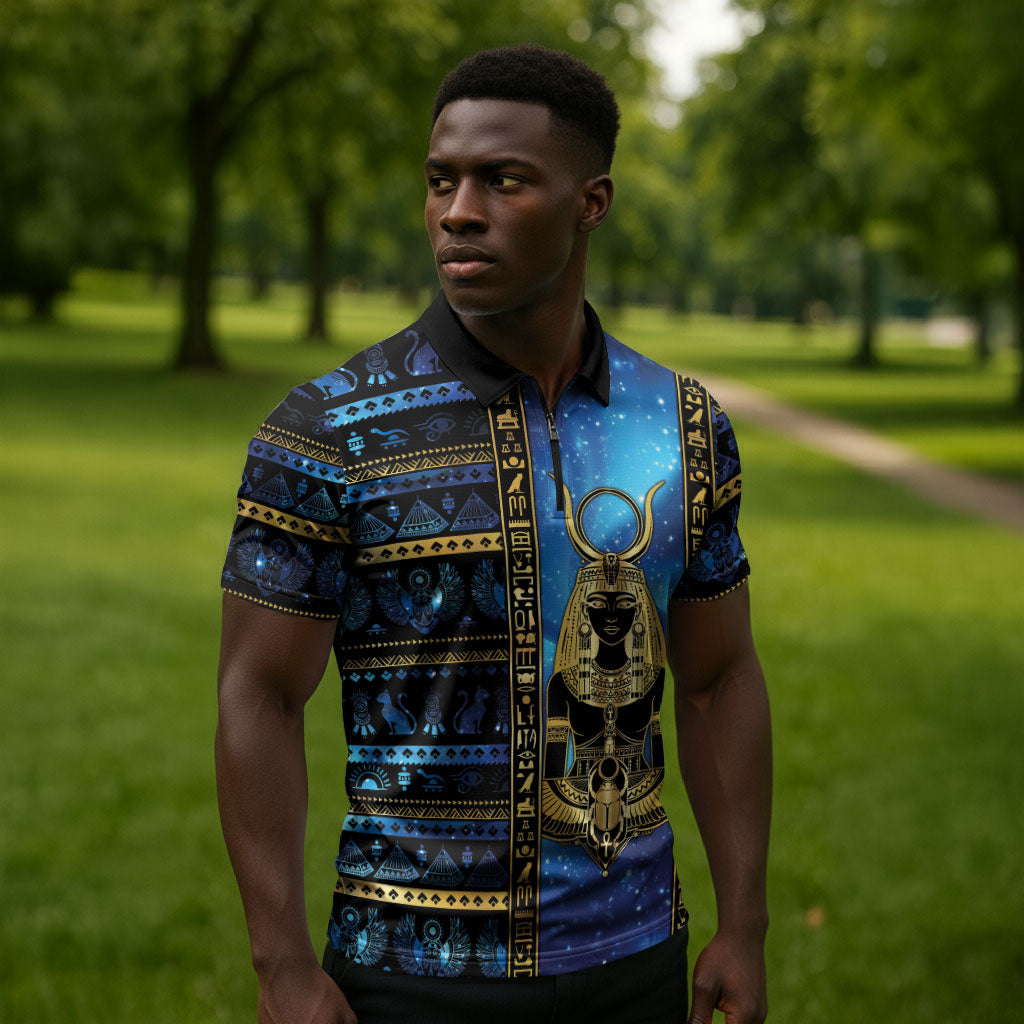 Egyptian Goddess Hathor Zipper Polo Shirt Galaxy Ancient Mythology Sun Disk Cow Horn