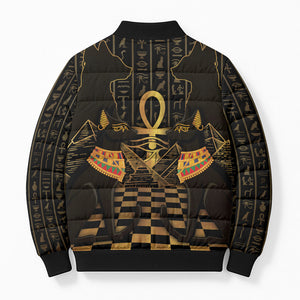 Egyptian Goddess Bastet Bomber Puffer Jacket Ancient Mythology Sacred Black Cat