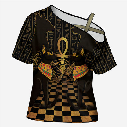Egyptian Goddess Bastet Cross Shoulder Shirt Ancient Mythology Sacred Black Cat