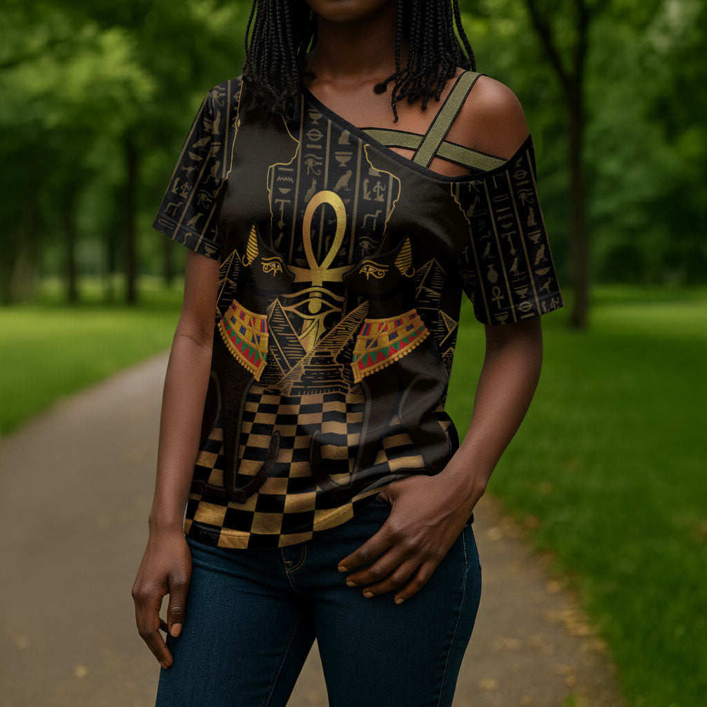 Egyptian Goddess Bastet Cross Shoulder Shirt Ancient Mythology Sacred Black Cat