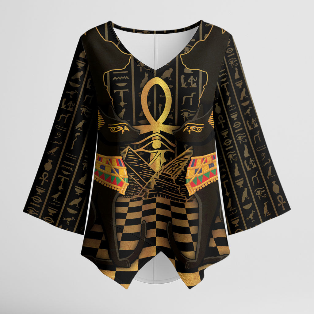 Egyptian Goddess Bastet Kimono Sleeve Blouse Ancient Mythology Sacred Black Cat