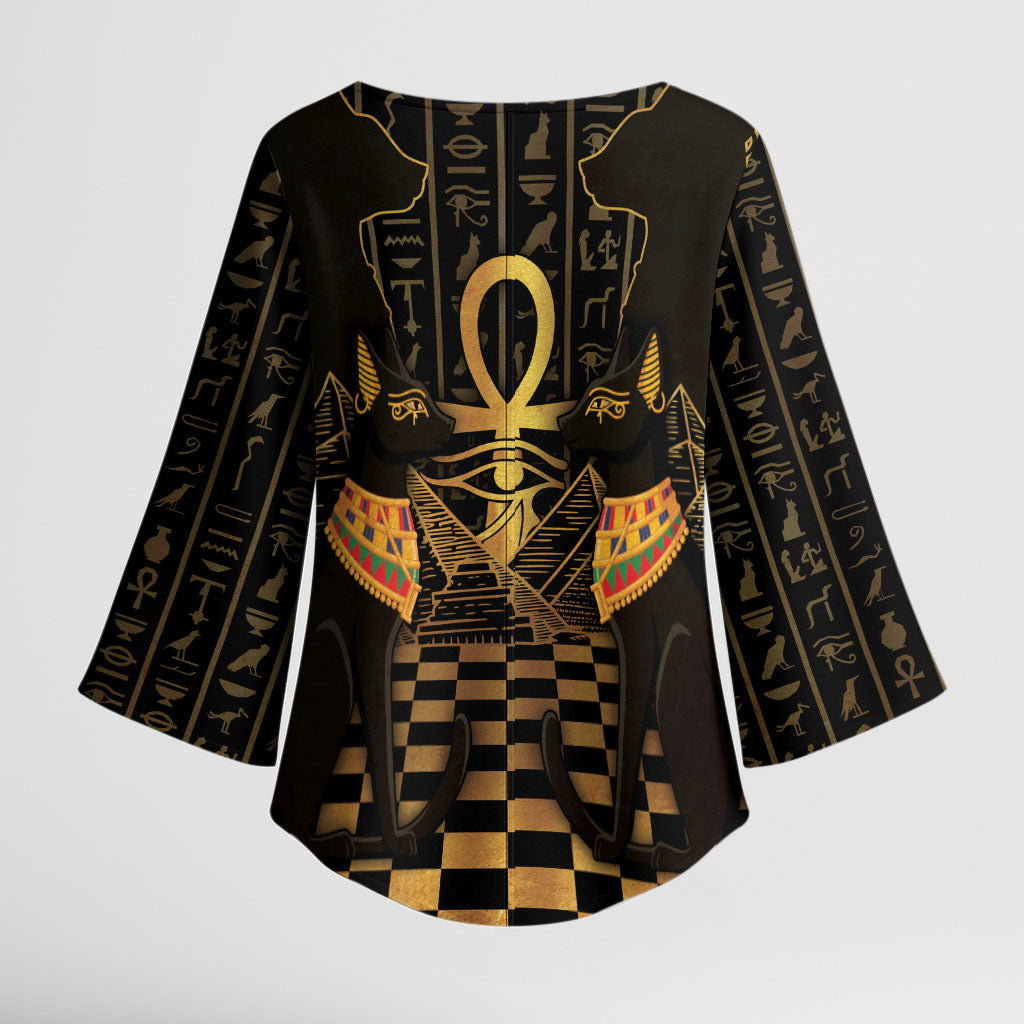 Egyptian Goddess Bastet Kimono Sleeve Blouse Ancient Mythology Sacred Black Cat