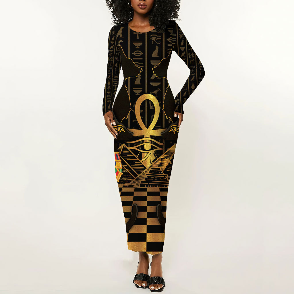 Egyptian Goddess Bastet Long Sleeve Bodycon Dress Ancient Mythology Sacred Black Cat