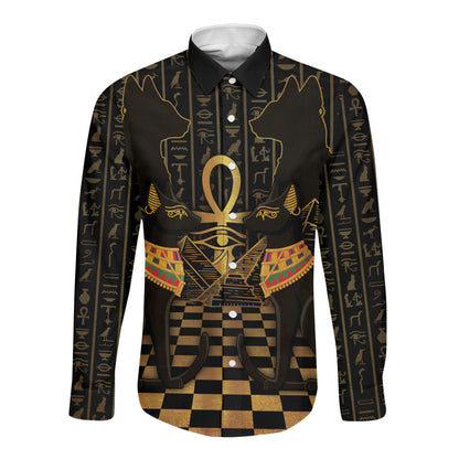 Egyptian Goddess Bastet Long Sleeve Button Shirt Ancient Mythology Sacred Black Cat