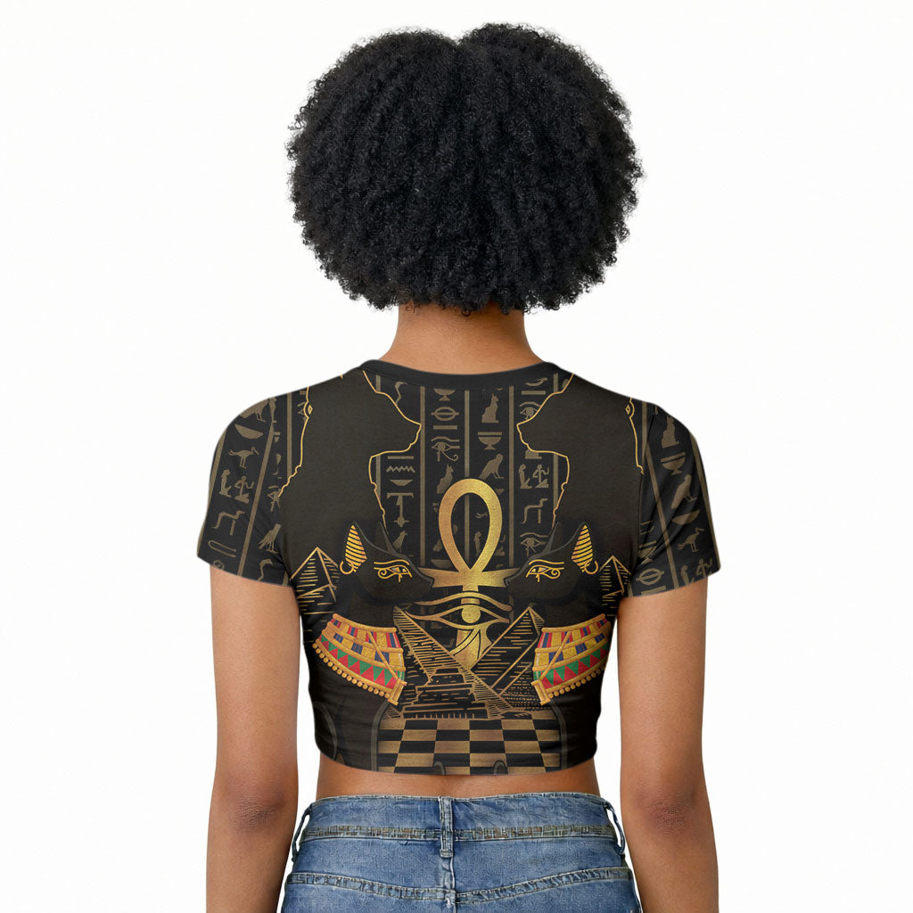 Egyptian Goddess Bastet Raglan Cropped T shirt Ancient Mythology Sacred Black Cat