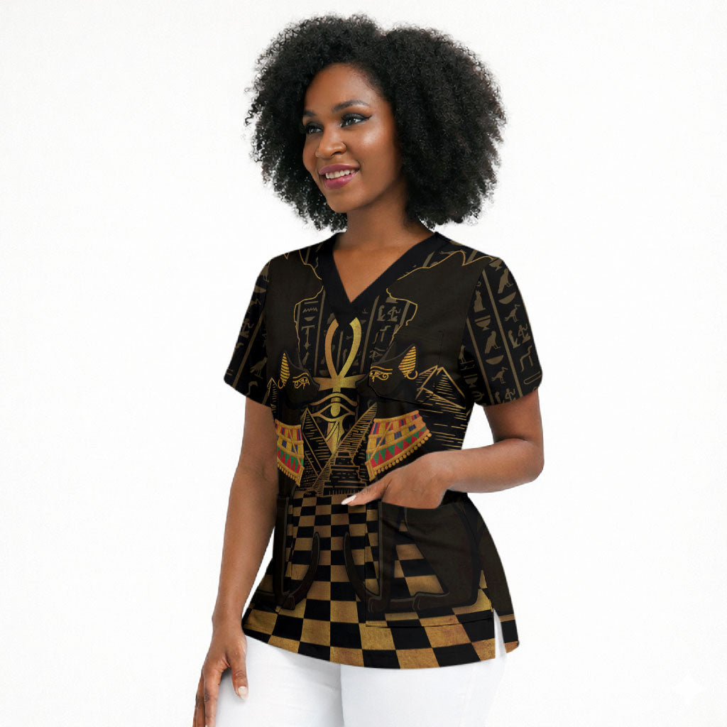 Egyptian Goddess Bastet Scrub Top Ancient Mythology Sacred Black Cat