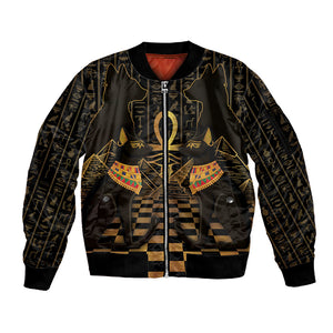 Egyptian Goddess Bastet Sleeve Zip Bomber Jacket Ancient Mythology Sacred Black Cat