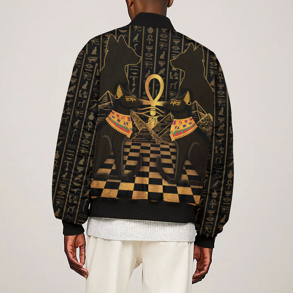 Egyptian Goddess Bastet Sleeve Zip Bomber Jacket Ancient Mythology Sacred Black Cat