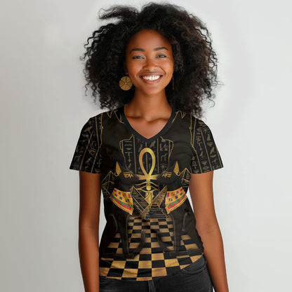 Egyptian Goddess Bastet Women V-Neck T-Shirt Ancient Mythology Sacred Black Cat