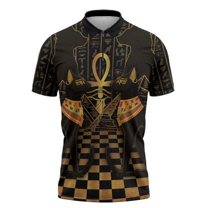 Egyptian Goddess Bastet Zipper Polo Shirt Ancient Mythology Sacred Black Cat