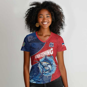 Afro-Dominicans Fishing Women V-Neck T-Shirt Master Baiter DT05