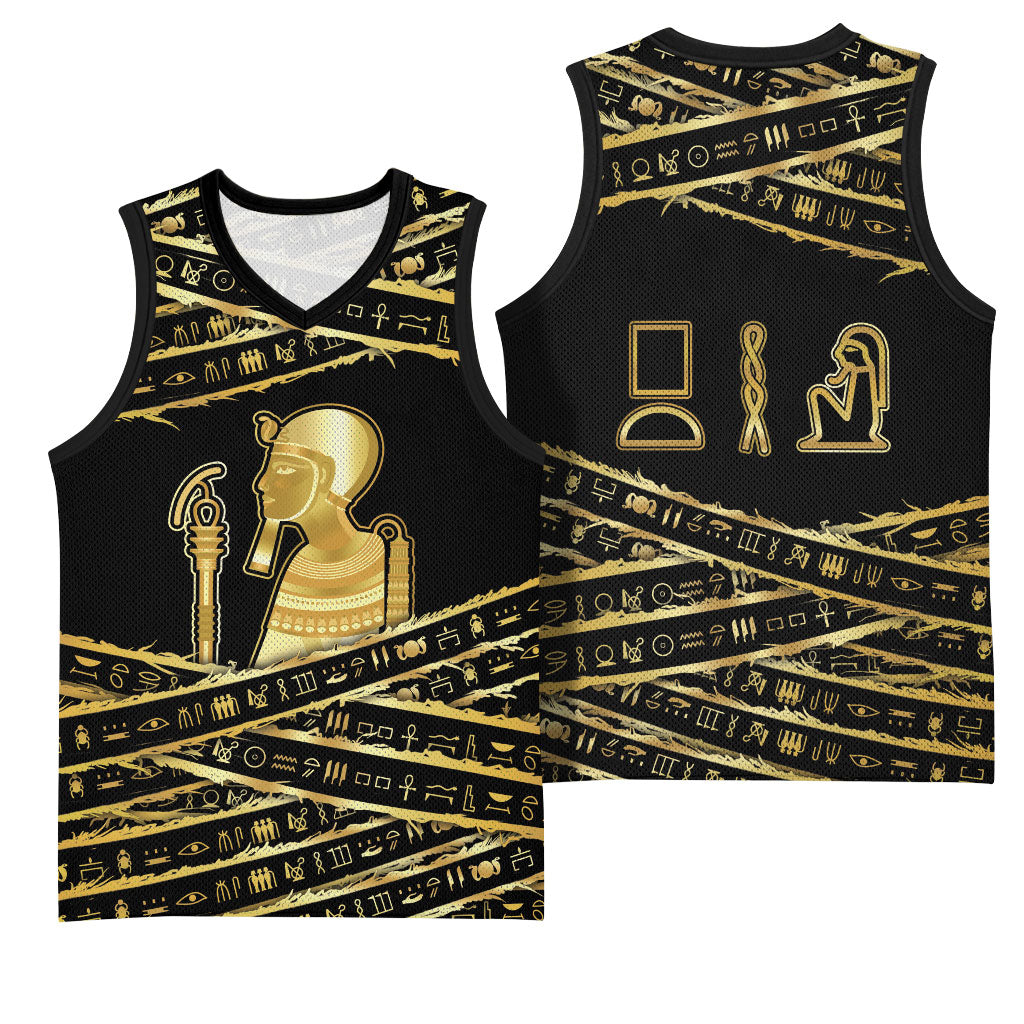 Egyptian God Ptah Basketball Jersey Gold Mummy Wrap Hieroglyphics Patterns