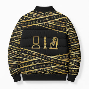 Egyptian God Ptah Bomber Puffer Jacket Gold Mummy Wrap Hieroglyphics Patterns