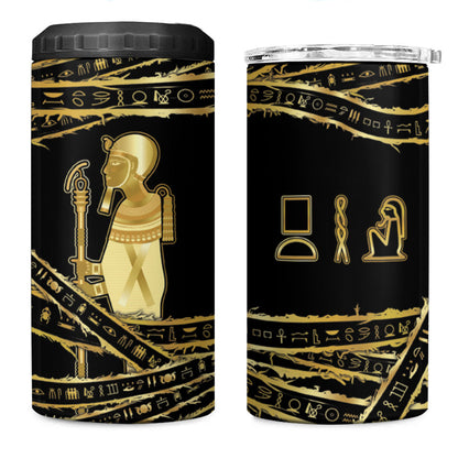 Egyptian God Ptah 4 in 1 Can Cooler Tumbler Gold Mummy Wrap Hieroglyphics Patterns