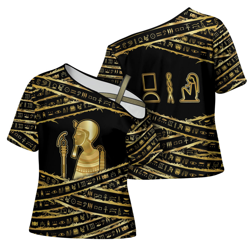 Egyptian God Ptah Cross Shoulder Shirt Gold Mummy Wrap Hieroglyphics Patterns