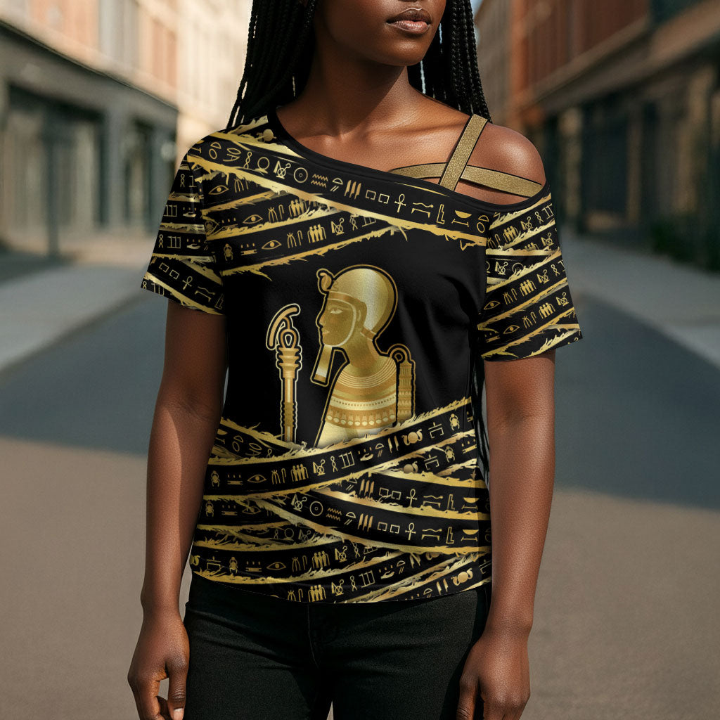 Egyptian God Ptah Cross Shoulder Shirt Gold Mummy Wrap Hieroglyphics Patterns