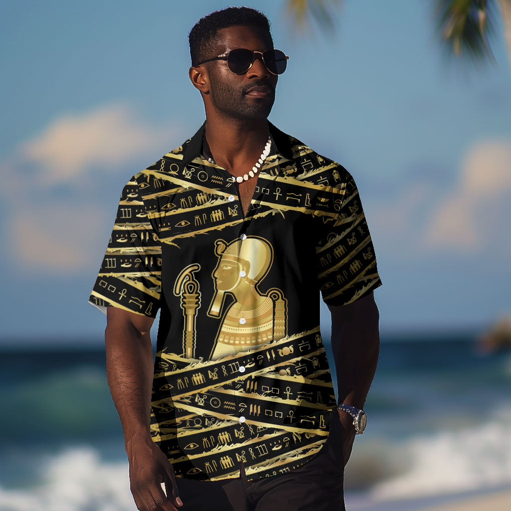 Egyptian God Ptah Hawaiian Shirt Gold Mummy Wrap Hieroglyphics Patterns