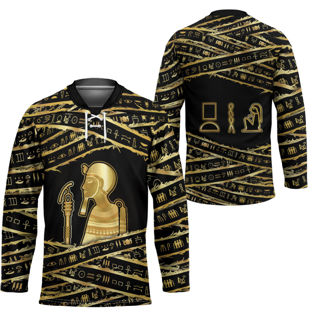 Egyptian God Ptah Hockey Jersey Gold Mummy Wrap Hieroglyphics Patterns