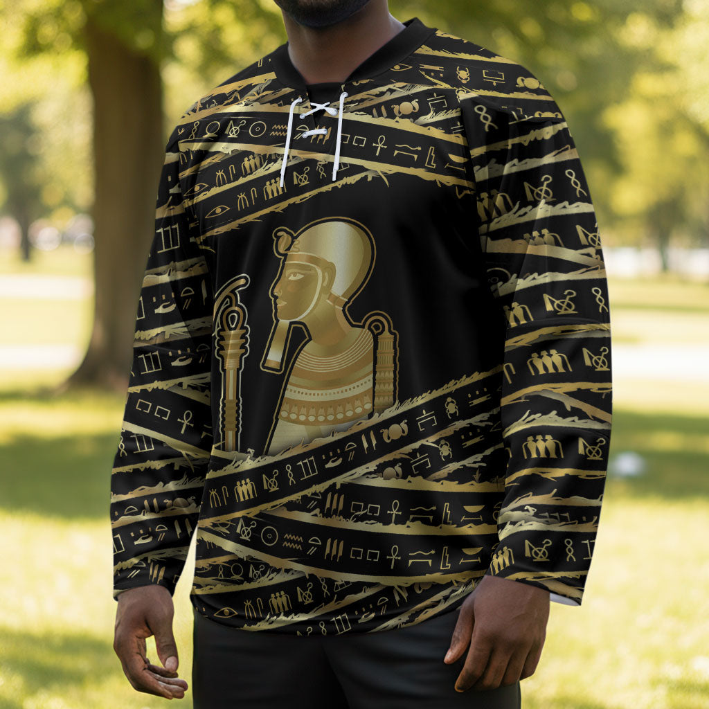 Egyptian God Ptah Hockey Jersey Gold Mummy Wrap Hieroglyphics Patterns