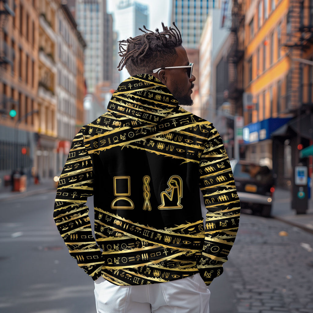Egyptian God Ptah Hoodie Gold Mummy Wrap Hieroglyphics Patterns