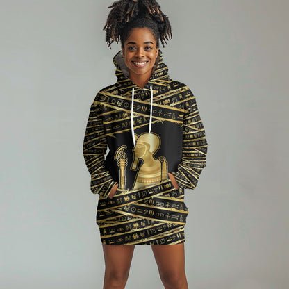 Egyptian God Ptah Hoodie Dress Gold Mummy Wrap Hieroglyphics Patterns